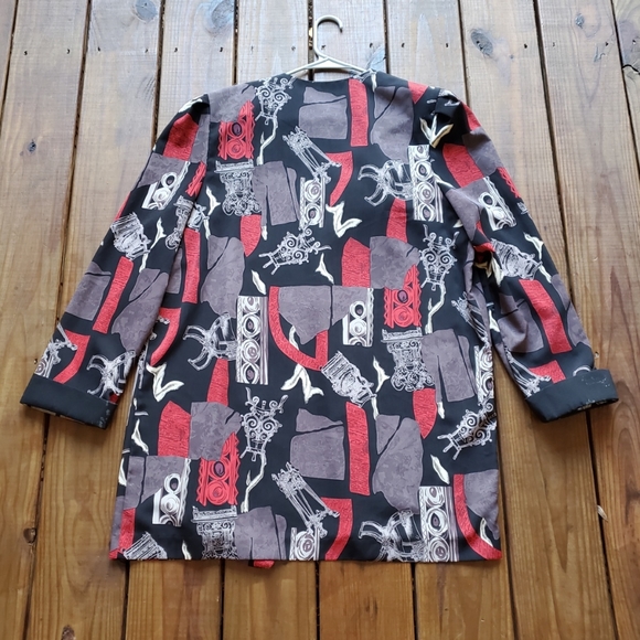 Vintage 80's 90's size 18 XL black red abstract long sleeve open jacket w/ belt - Picture 4 of 7